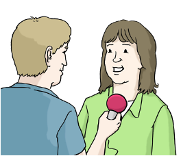 Kurzvideos zu "Wir wollen Demokratie":  Dieses Icon zeigt einen Mann mit einem Mikrophon in der Hand, das er einer Frau hinhält. Er macht ein Interview mit der Frau. Sie lächelt während sie in das Mikrophon spricht. 