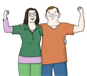 Kurzvideos zu "Wir wollen Demokratie":  Dieses Icon zeigt eine Frau und einen Mann, die Arm-in-Arm nebeneinander stehen. Beide recken jeweils ihren äußeren Arm in die Höhe. Sie jubeln darüber, was sie gemeinsam geschafft haben.   