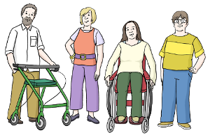 Projekt: Wandern inklusive Dieses Icon zeigt vier Menschen. Ein Mann links geht an einem Rollator, daneben steht eine junge Frau. Die dritte Person von links ist auch eine Frau - sie sitzt in einem Rollstuhl. Die Vierte Person ganz rechts ist ein Mann in heller Kleidung mit einer eckigen Brille. Sie sind eine Gruppe, die gemeinsam etwas unternimmt.  